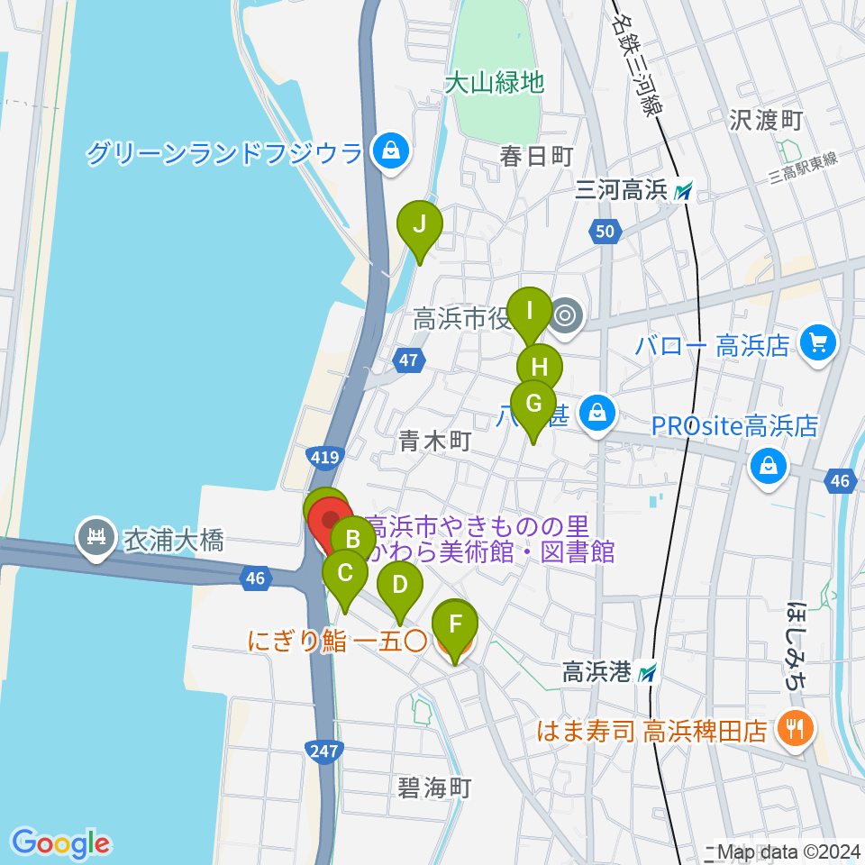 高浜市やきものの里かわら美術館周辺のファミレス・ファーストフード一覧地図