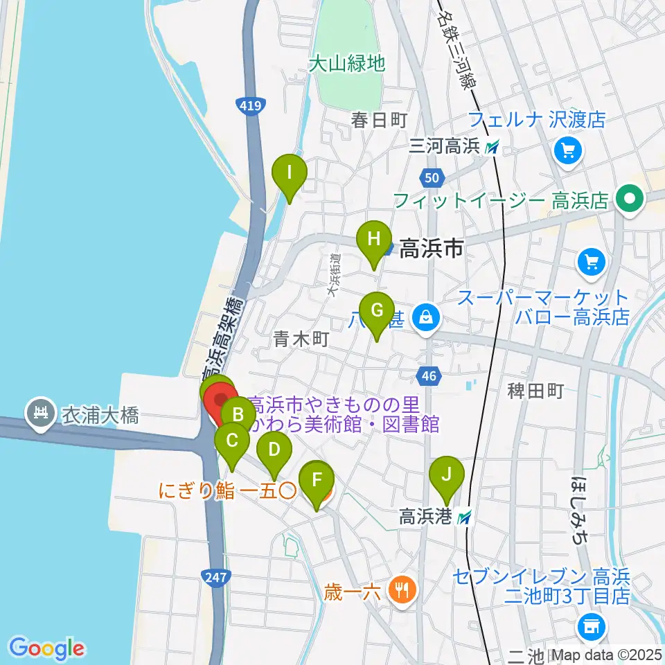 高浜市やきものの里かわら美術館周辺のファミレス・ファーストフード一覧地図