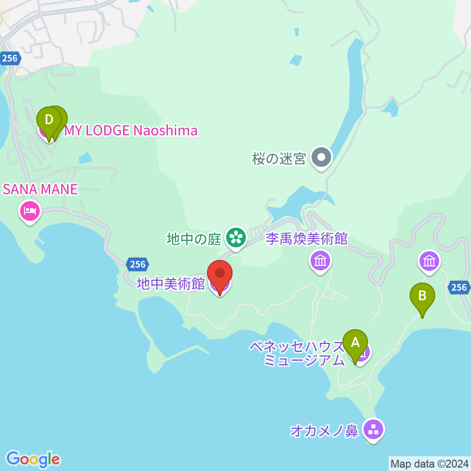 直島・地中美術館周辺のファミレス・ファーストフード一覧地図