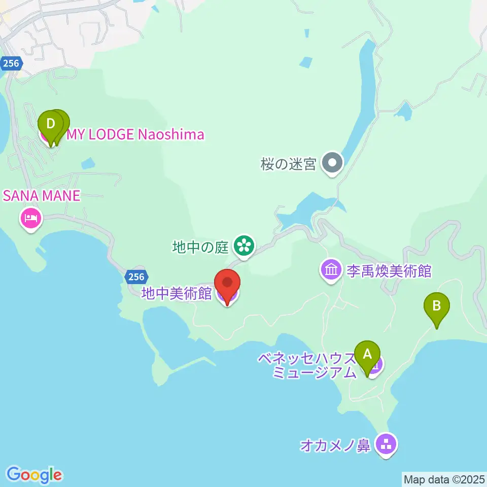 直島・地中美術館周辺のファミレス・ファーストフード一覧地図
