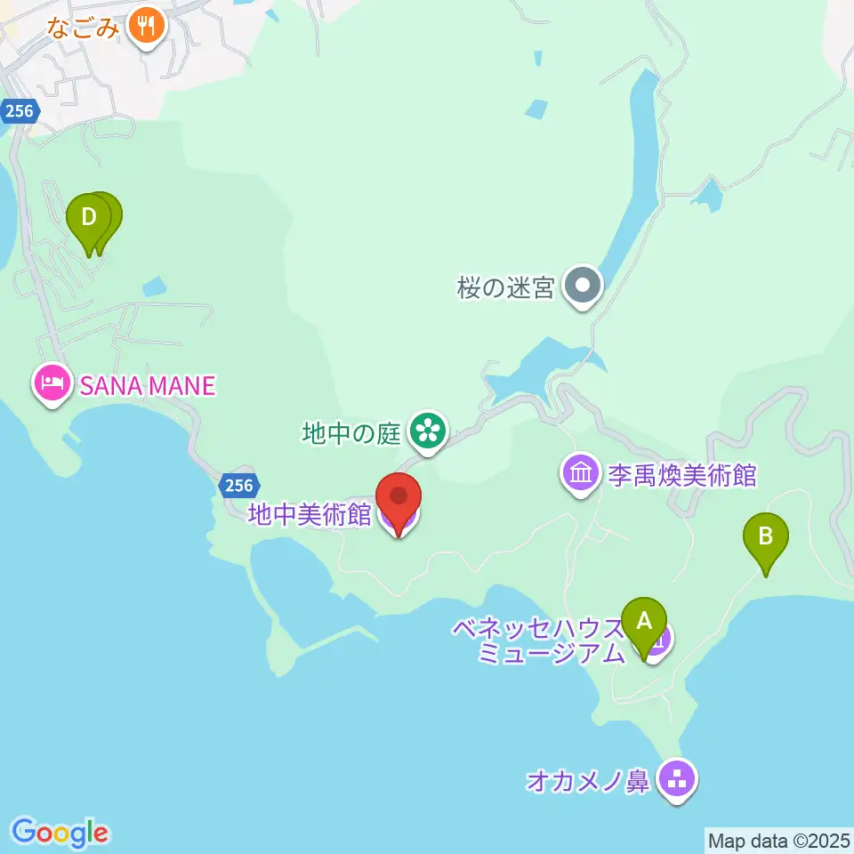 直島・地中美術館周辺のファミレス・ファーストフード一覧地図