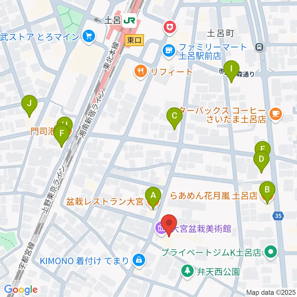 さいたま市大宮盆栽美術館周辺のファミレス・ファーストフード一覧地図