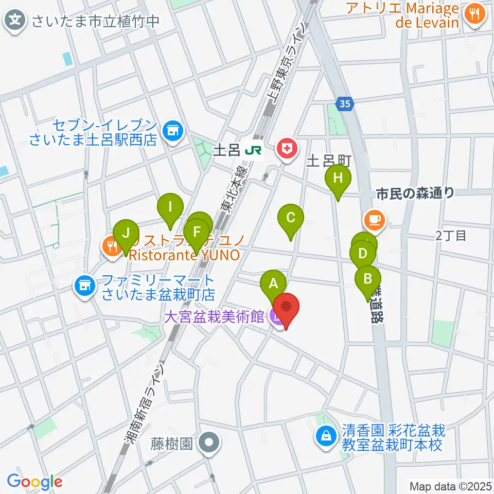 さいたま市大宮盆栽美術館周辺のファミレス・ファーストフード一覧地図