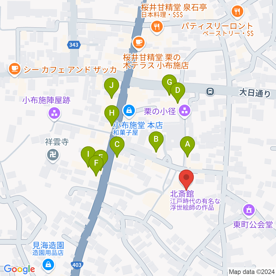 信州小布施北斎館周辺のファミレス・ファーストフード一覧地図