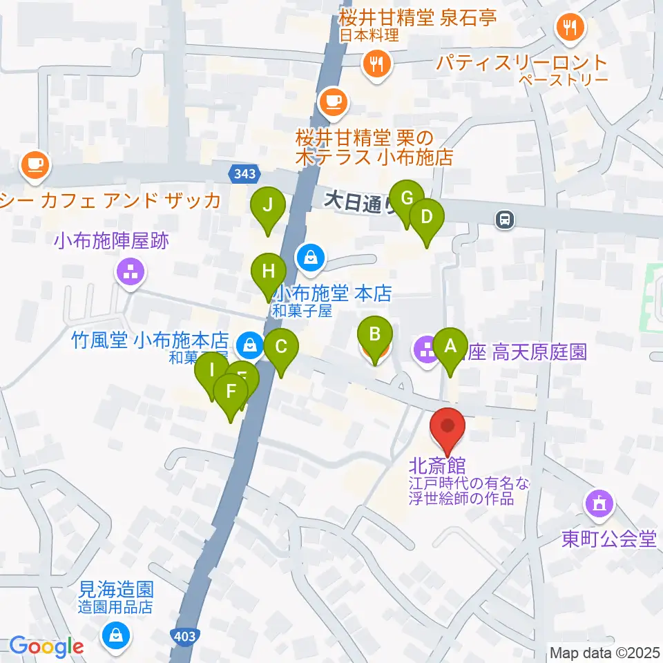 信州小布施北斎館周辺のファミレス・ファーストフード一覧地図