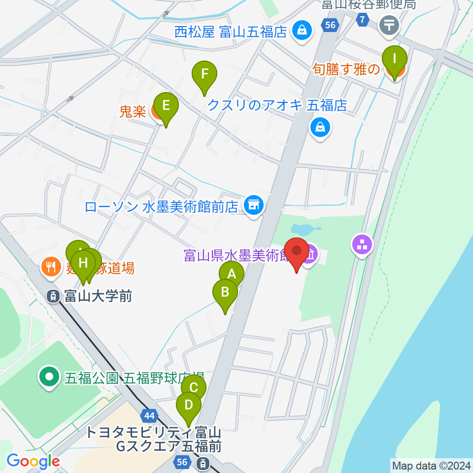 富山県水墨美術館周辺のファミレス・ファーストフード一覧地図