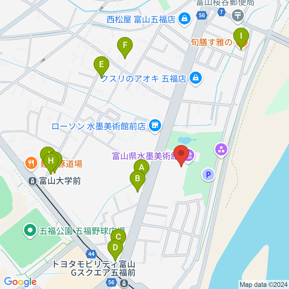 富山県水墨美術館周辺のファミレス・ファーストフード一覧地図