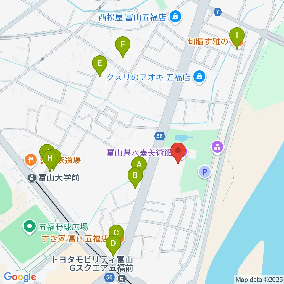 富山県水墨美術館周辺のファミレス・ファーストフード一覧地図