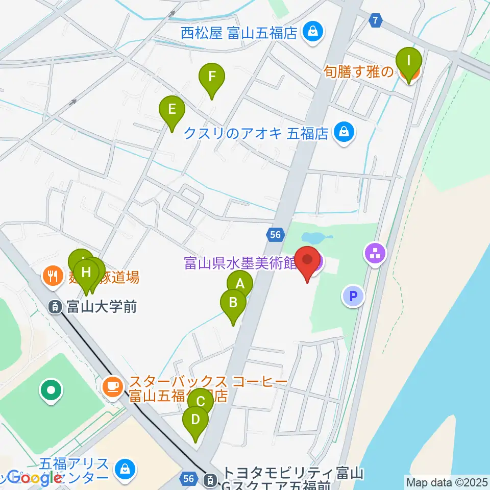 富山県水墨美術館周辺のファミレス・ファーストフード一覧地図