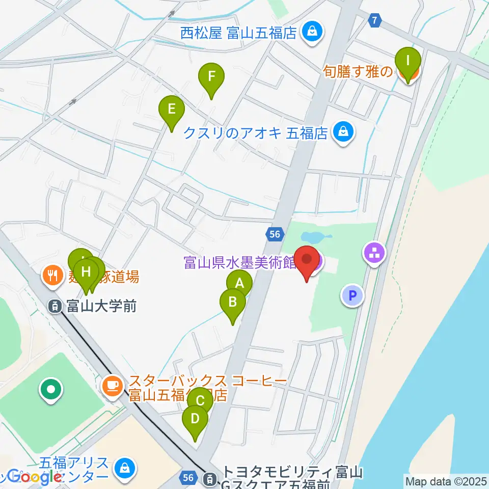 富山県水墨美術館周辺のファミレス・ファーストフード一覧地図