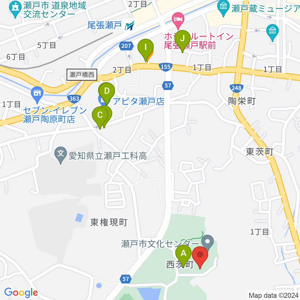 瀬戸市美術館周辺のファミレス・ファーストフード一覧地図