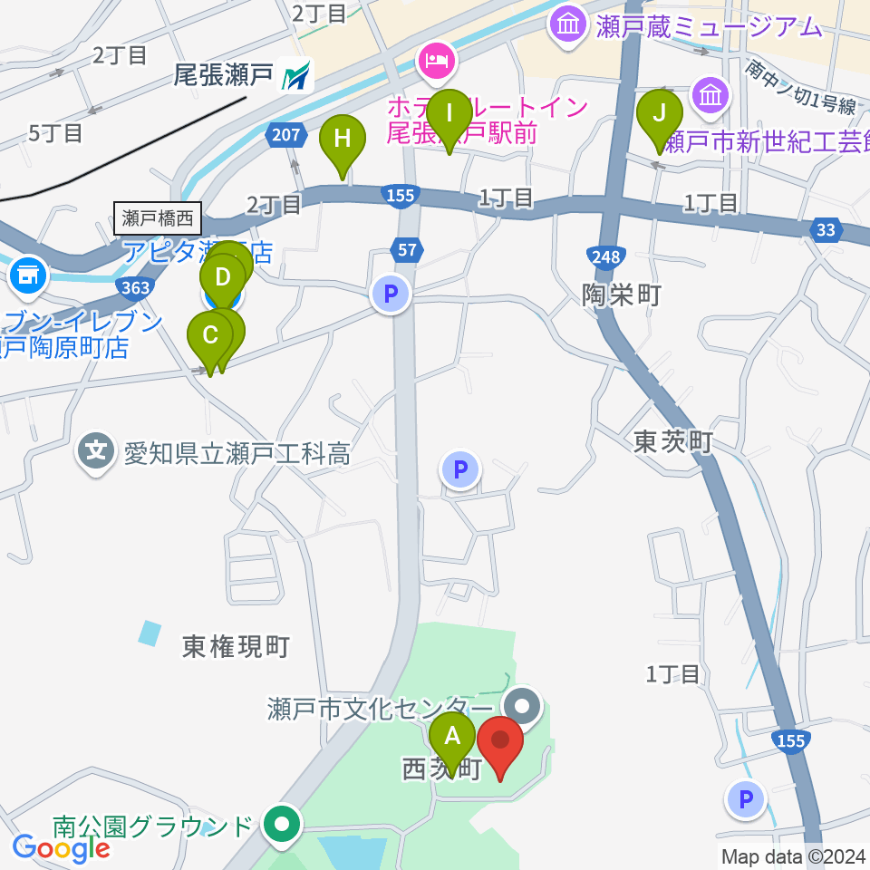 瀬戸市美術館周辺のファミレス・ファーストフード一覧地図