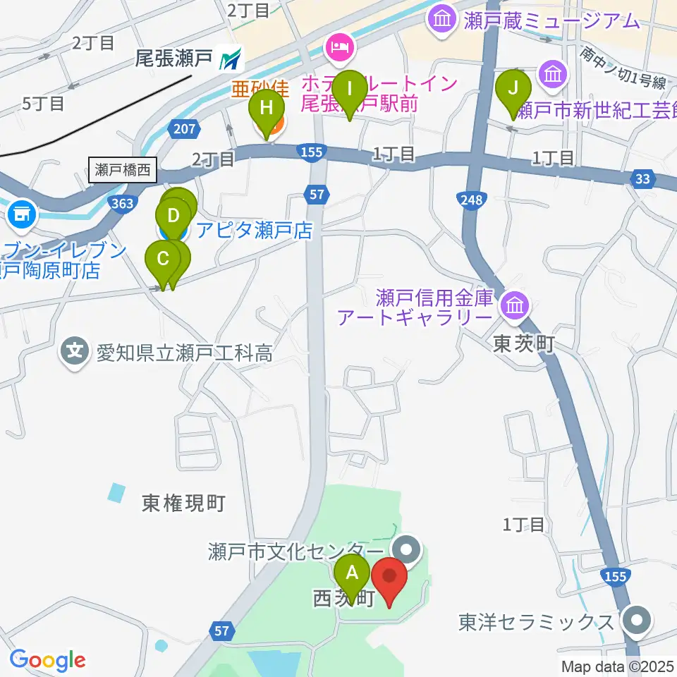瀬戸市美術館周辺のファミレス・ファーストフード一覧地図