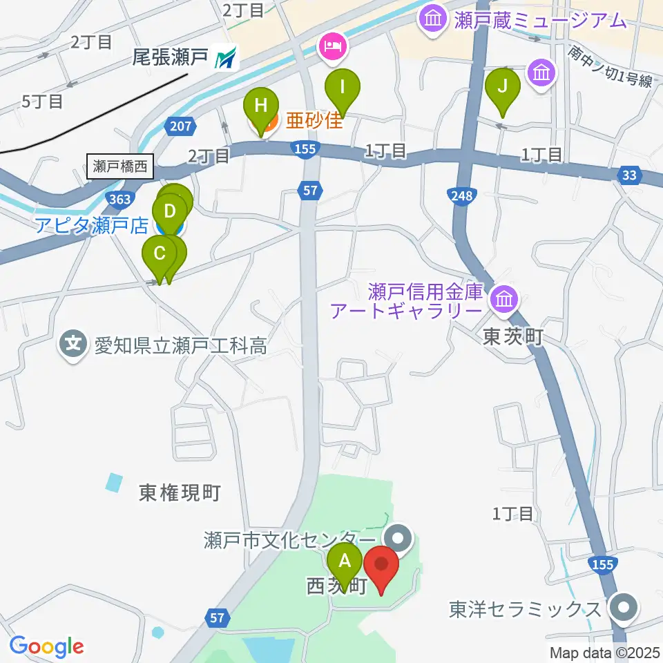 瀬戸市美術館周辺のファミレス・ファーストフード一覧地図