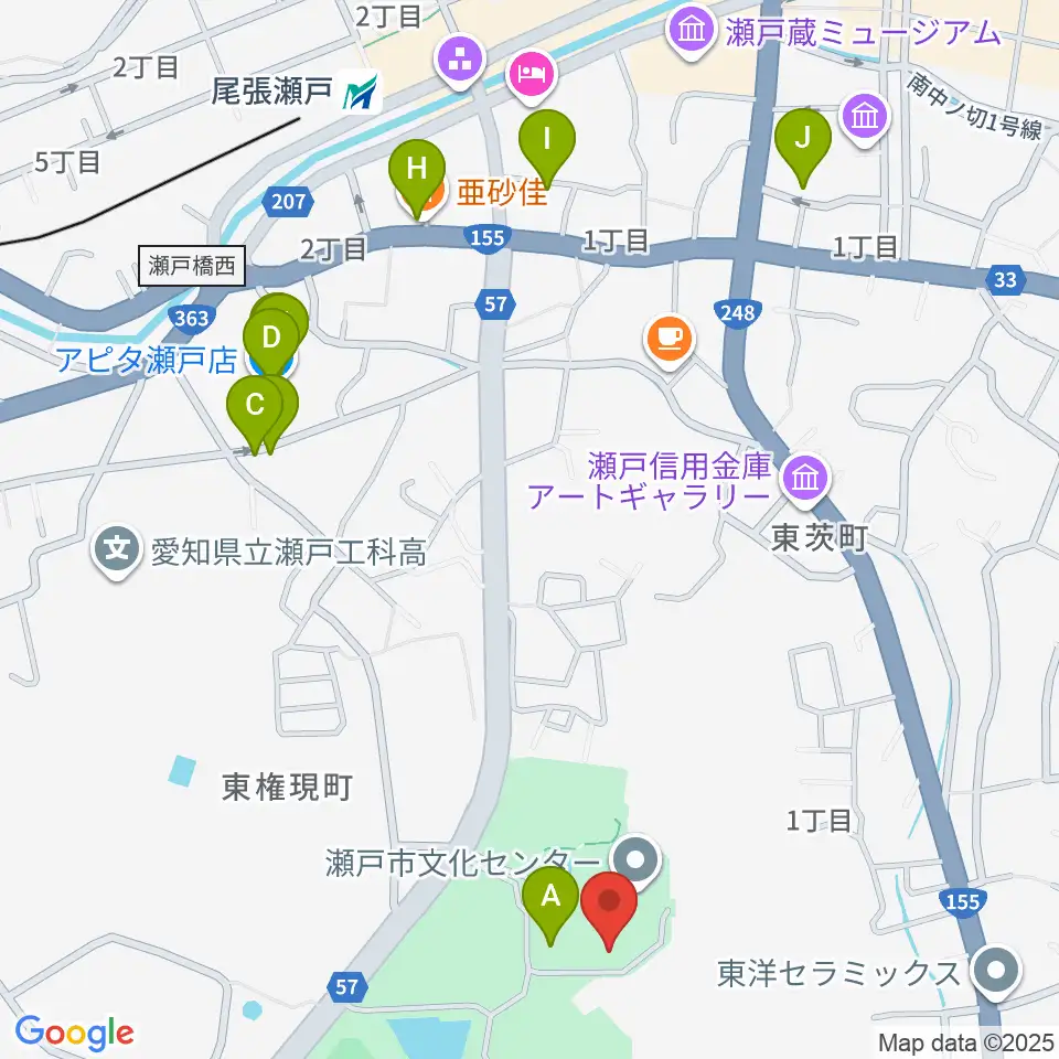 瀬戸市美術館周辺のファミレス・ファーストフード一覧地図