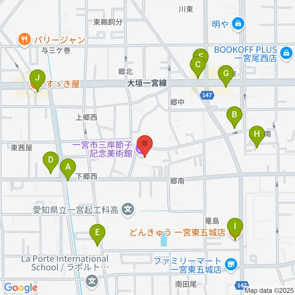 一宮市三岸節子記念美術館周辺のファミレス・ファーストフード一覧地図