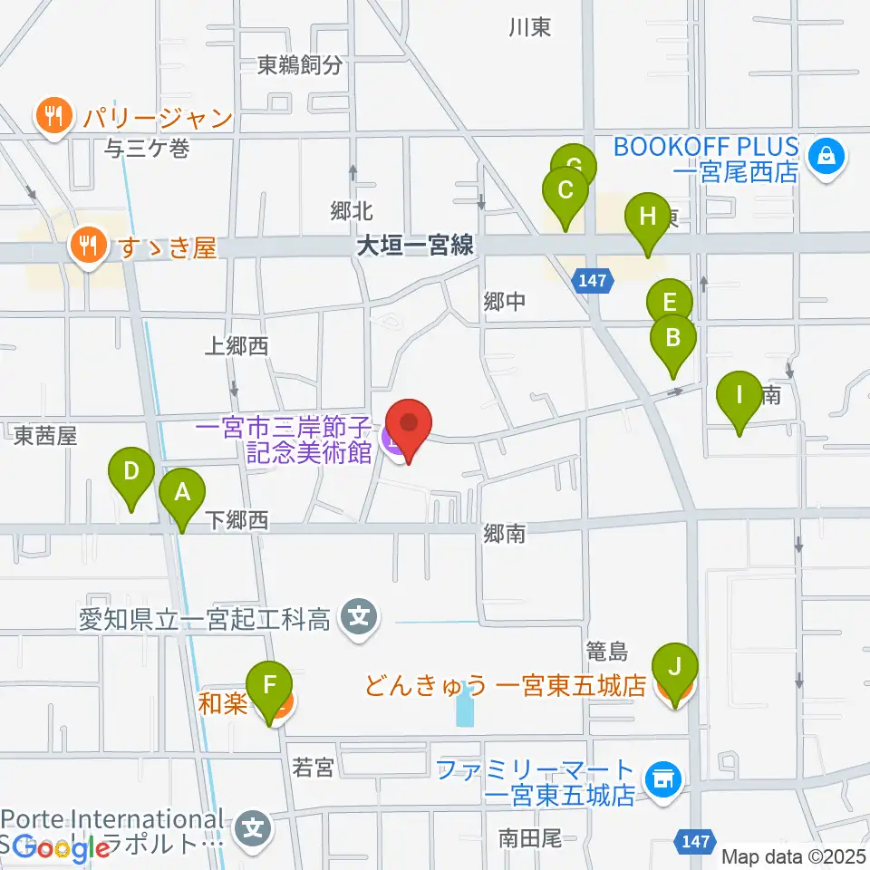 一宮市三岸節子記念美術館周辺のファミレス・ファーストフード一覧地図