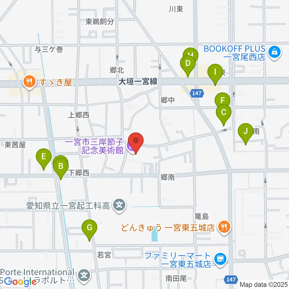 一宮市三岸節子記念美術館周辺のファミレス・ファーストフード一覧地図