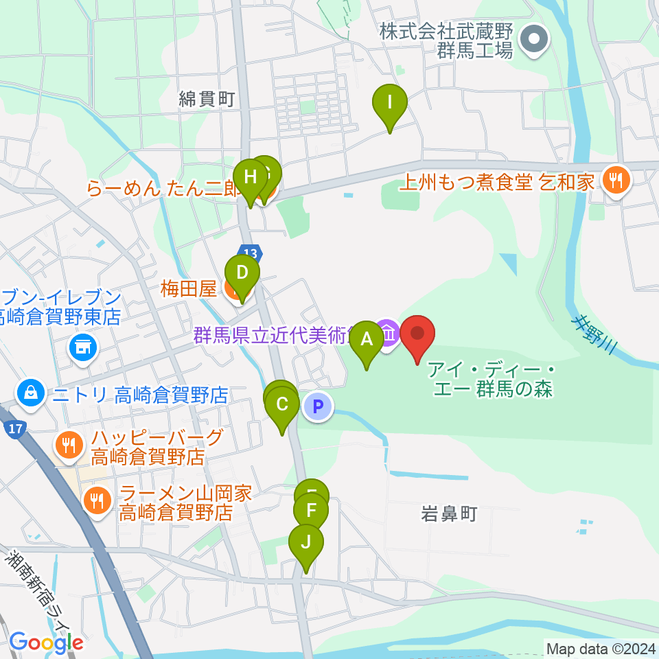 群馬県立歴史博物館周辺のファミレス・ファーストフード一覧地図