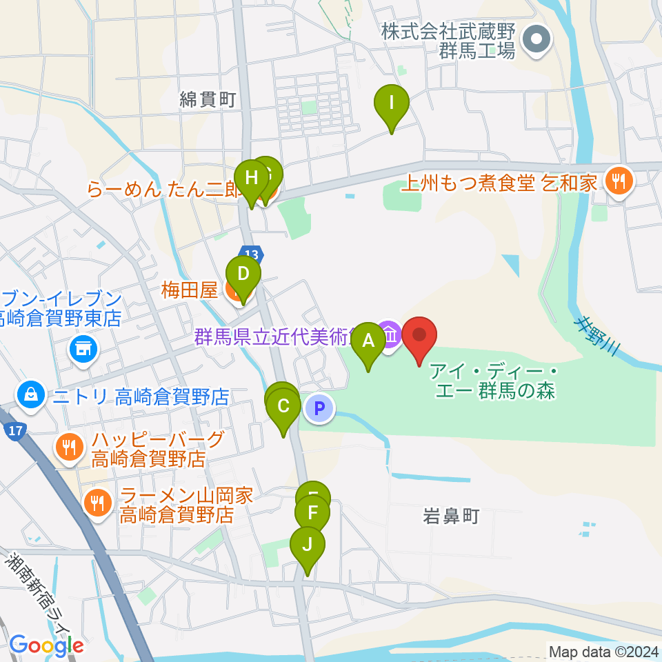 群馬県立歴史博物館周辺のファミレス・ファーストフード一覧地図