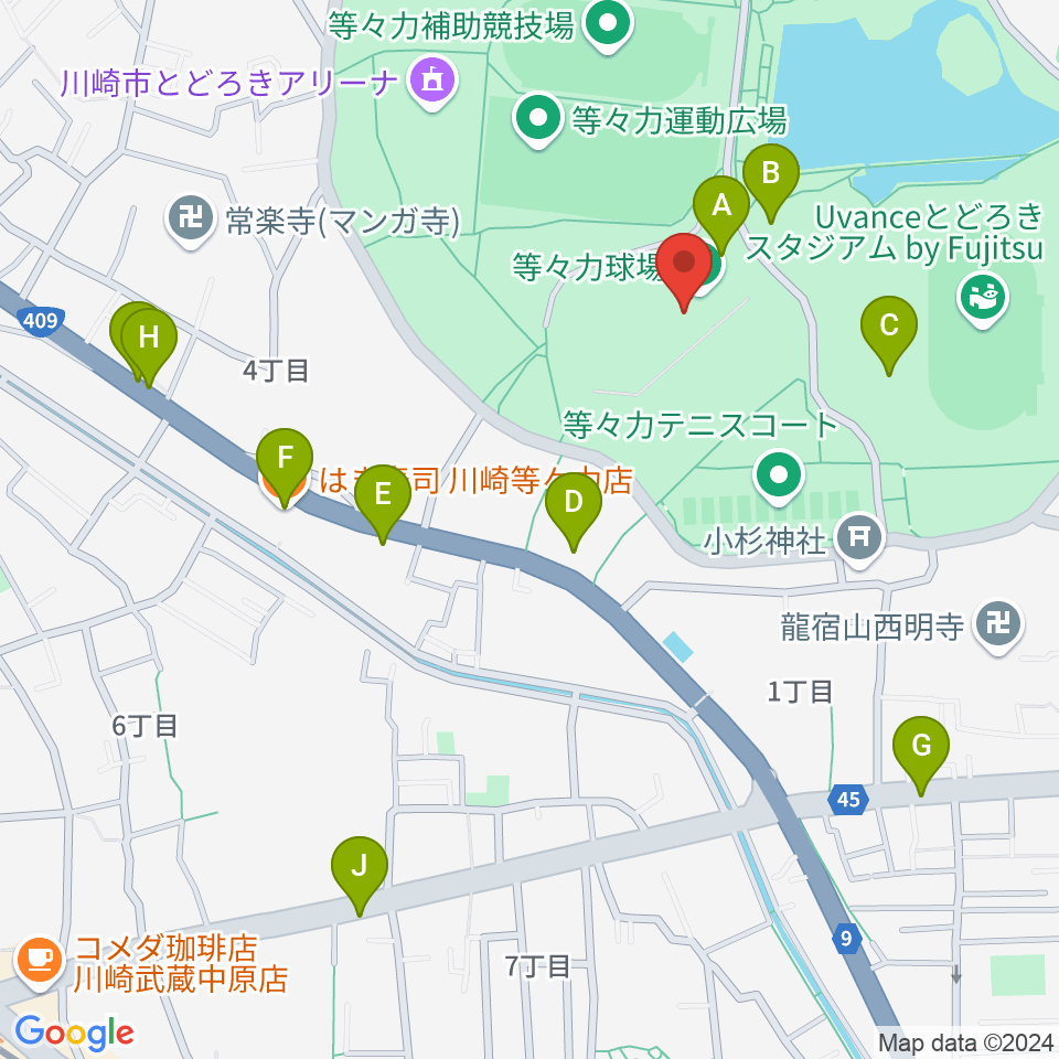 川崎市等々力球場周辺のファミレス・ファーストフード一覧地図