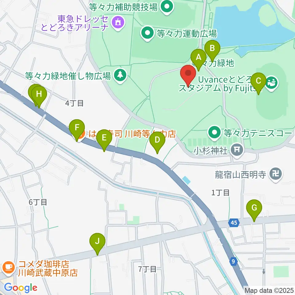 川崎市等々力球場周辺のファミレス・ファーストフード一覧地図