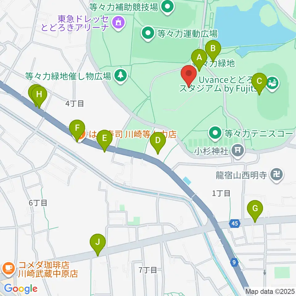川崎市等々力球場周辺のファミレス・ファーストフード一覧地図