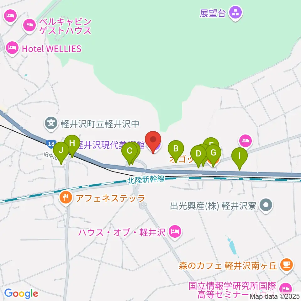 軽井沢現代美術館周辺のファミレス・ファーストフード一覧地図
