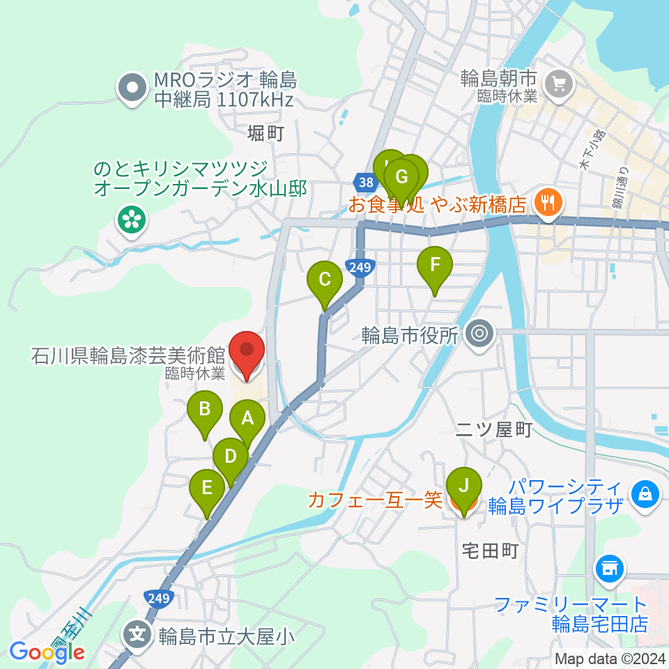 石川県輪島漆芸美術館周辺のファミレス・ファーストフード一覧地図