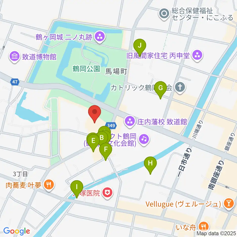 鶴岡アートフォーラム周辺のファミレス・ファーストフード一覧地図