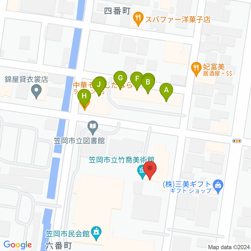 笠岡市立竹喬美術館周辺のファミレス・ファーストフード一覧地図