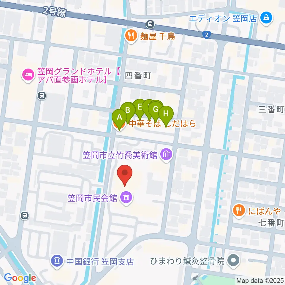 笠岡市民会館周辺のファミレス・ファーストフード一覧地図