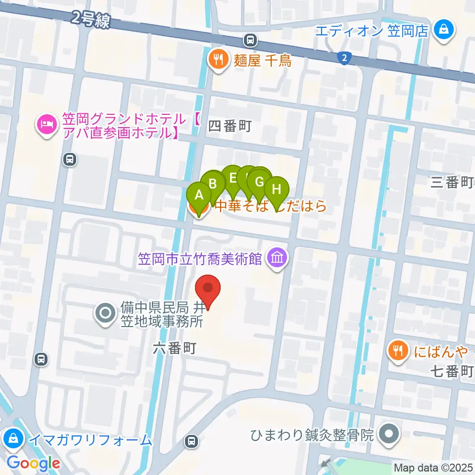 笠岡市民会館周辺のファミレス・ファーストフード一覧地図