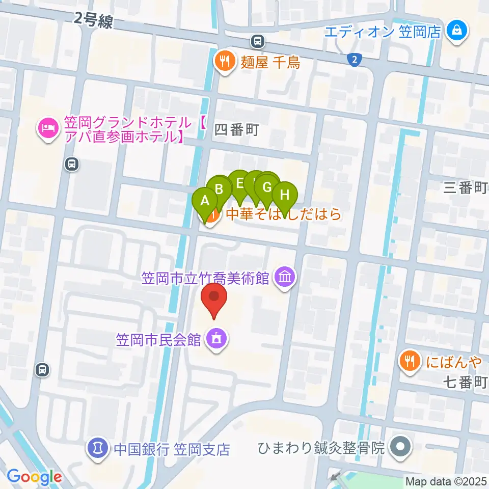 笠岡市民会館周辺のファミレス・ファーストフード一覧地図