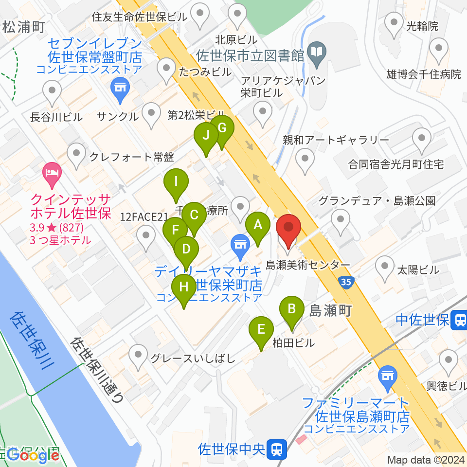 佐世保市博物館島瀬美術センター周辺のファミレス・ファーストフード一覧地図