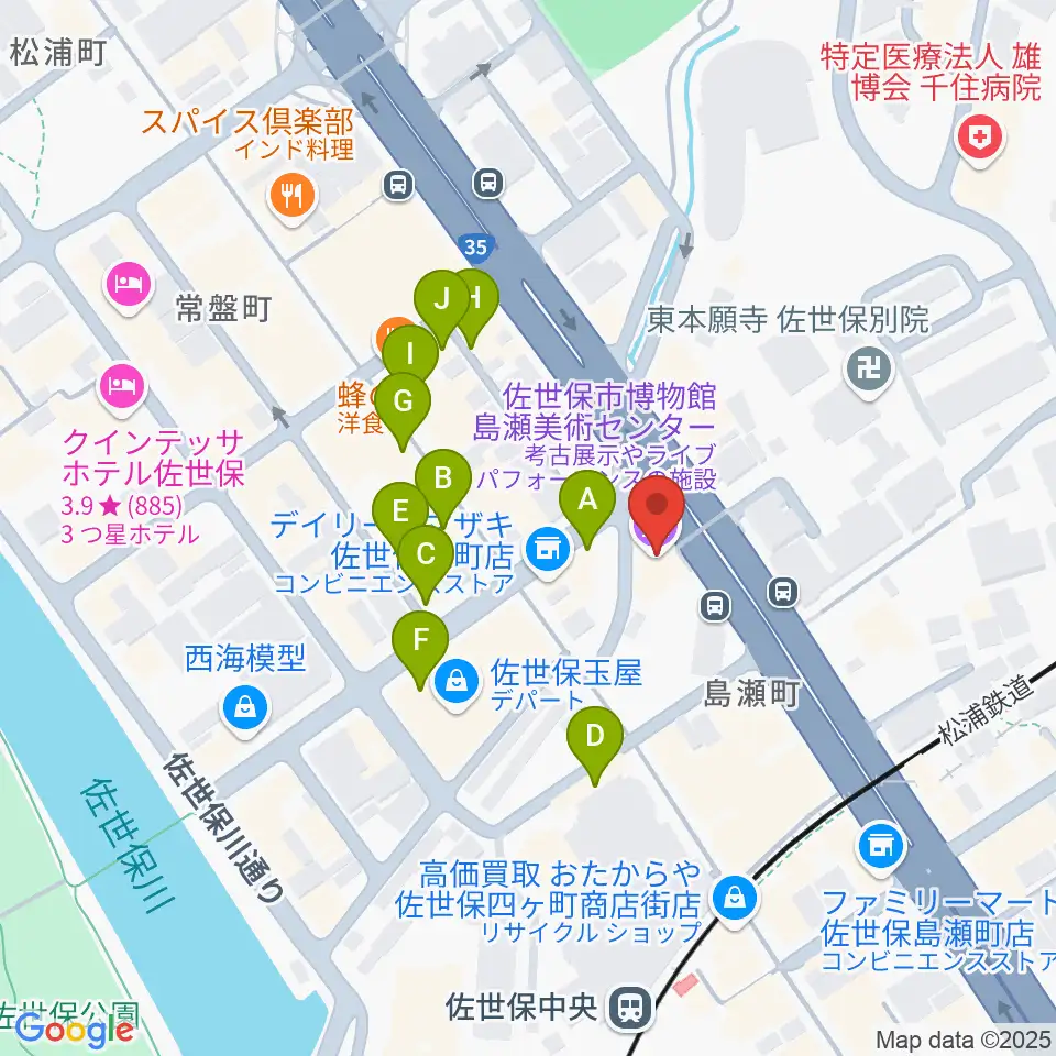 佐世保市博物館島瀬美術センター周辺のファミレス・ファーストフード一覧地図