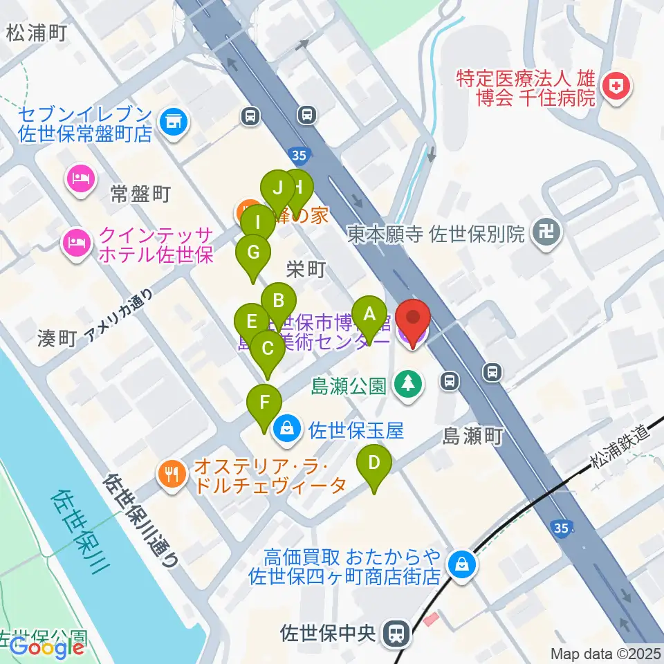 佐世保市博物館島瀬美術センター周辺のファミレス・ファーストフード一覧地図