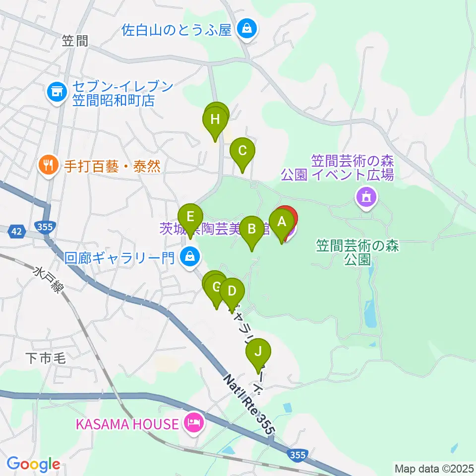 茨城県陶芸美術館周辺のファミレス・ファーストフード一覧地図