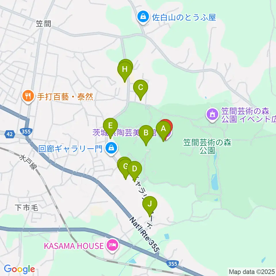 茨城県陶芸美術館周辺のファミレス・ファーストフード一覧地図
