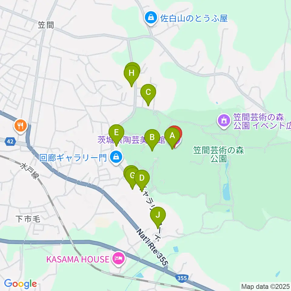 茨城県陶芸美術館周辺のファミレス・ファーストフード一覧地図