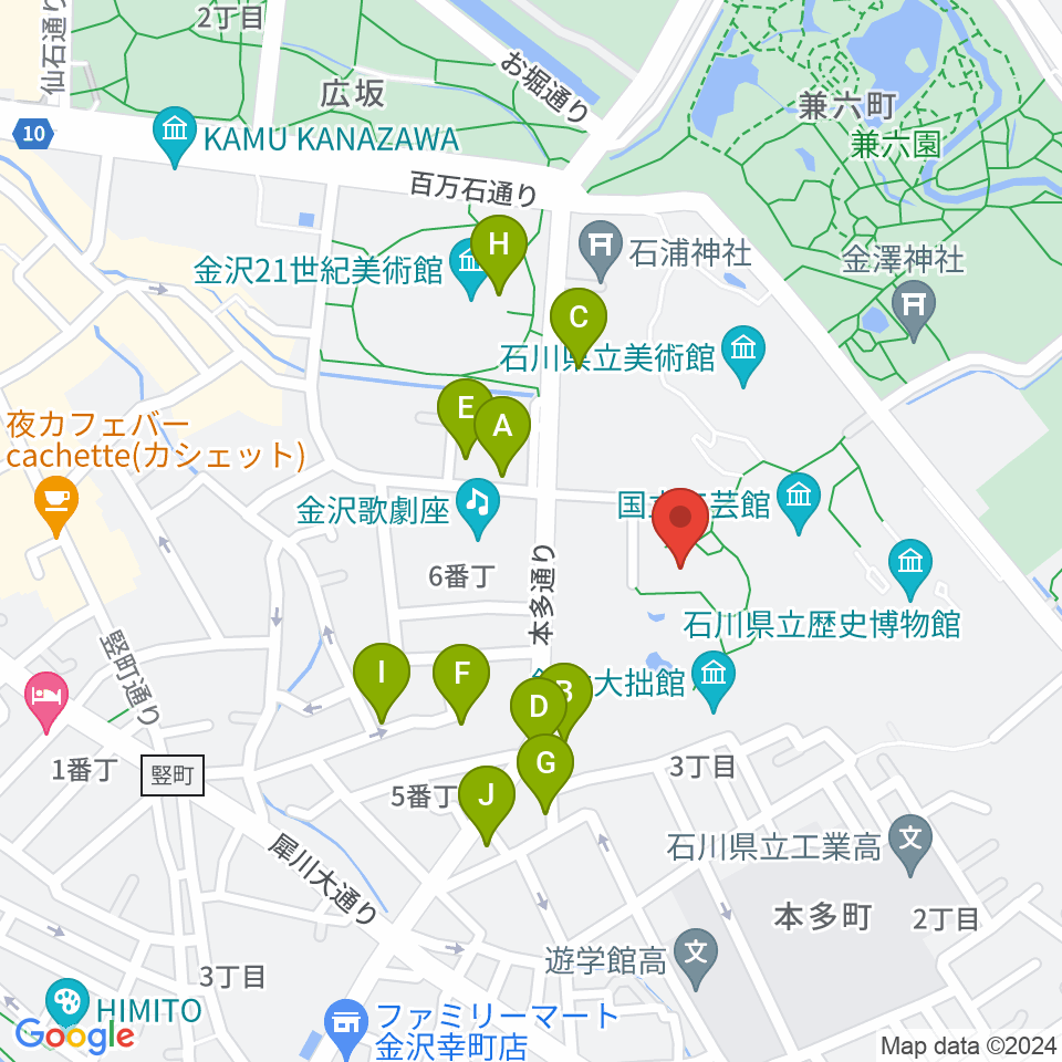 金沢市立中村記念美術館周辺のファミレス・ファーストフード一覧地図