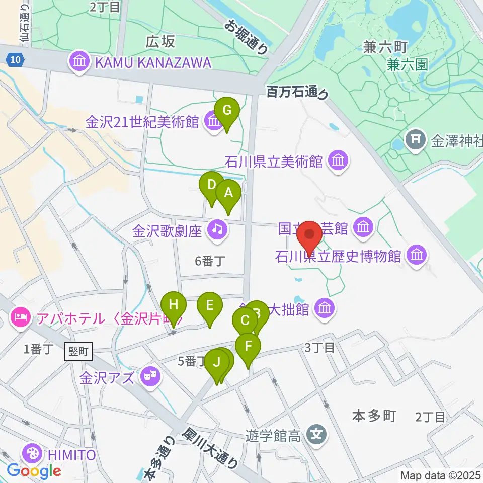 金沢市立中村記念美術館周辺のファミレス・ファーストフード一覧地図