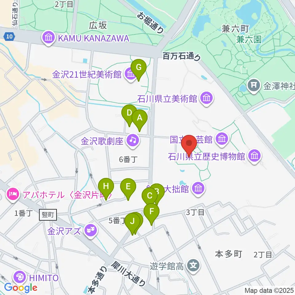 金沢市立中村記念美術館周辺のファミレス・ファーストフード一覧地図