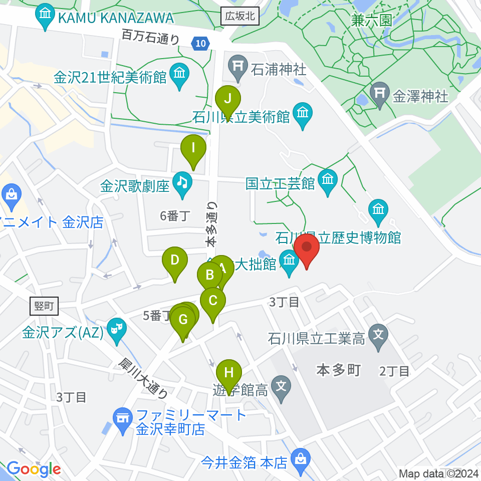 鈴木大拙館周辺のファミレス・ファーストフード一覧地図