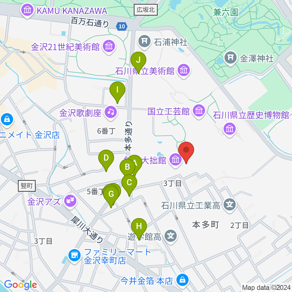 鈴木大拙館周辺のファミレス・ファーストフード一覧地図