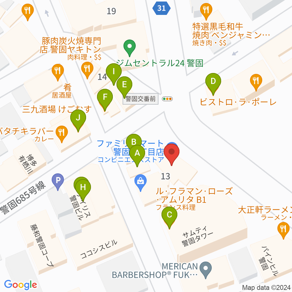 ピアノサロンKEGO周辺のファミレス・ファーストフード一覧地図