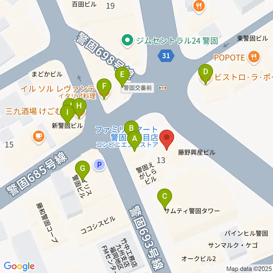 ピアノサロンKEGO周辺のファミレス・ファーストフード一覧地図