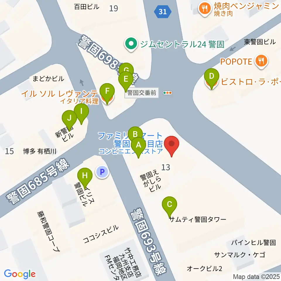 ピアノサロンKEGO周辺のファミレス・ファーストフード一覧地図