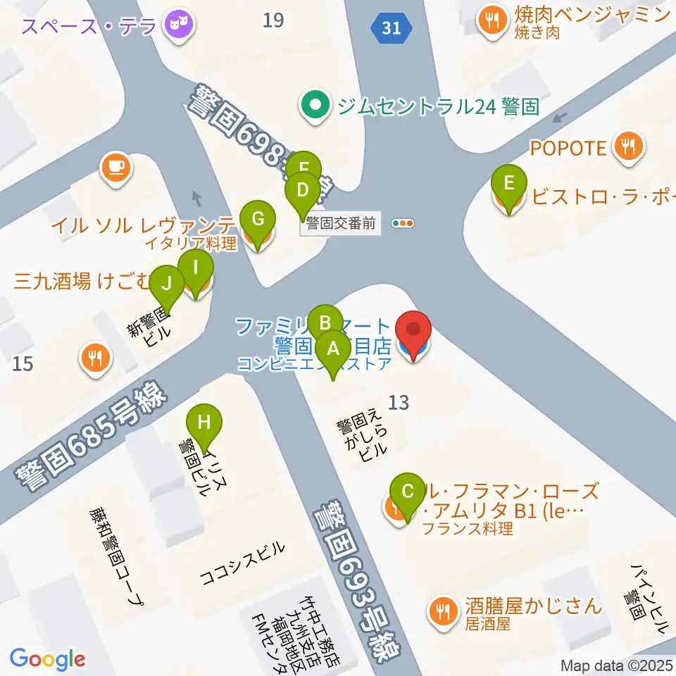 ピアノサロンKEGO周辺のファミレス・ファーストフード一覧地図