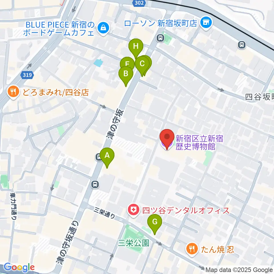 新宿歴史博物館周辺のファミレス・ファーストフード一覧地図